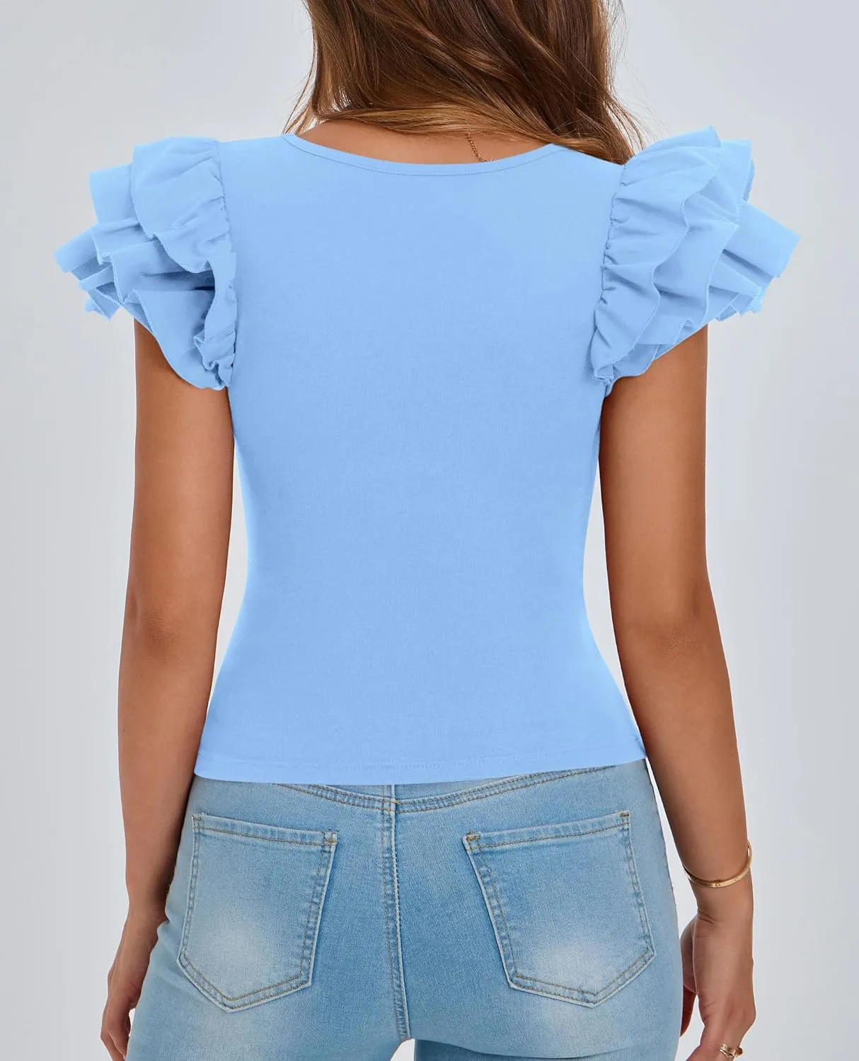 PRETTYGARDEN Women's Ruffle Short Sleeve Shirts 2025 Summer Casual Basic Tee Cute Fitted Crew Neck Fashion Tops Clothes