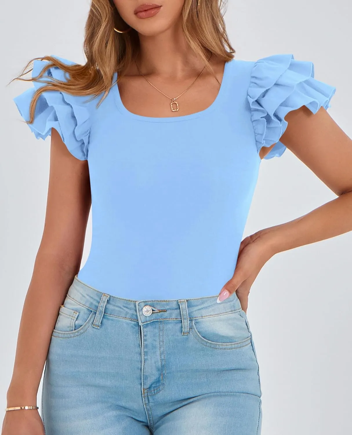 PRETTYGARDEN Women's Ruffle Short Sleeve Shirts 2025 Summer Casual Basic Tee Cute Fitted Crew Neck Fashion Tops Clothes