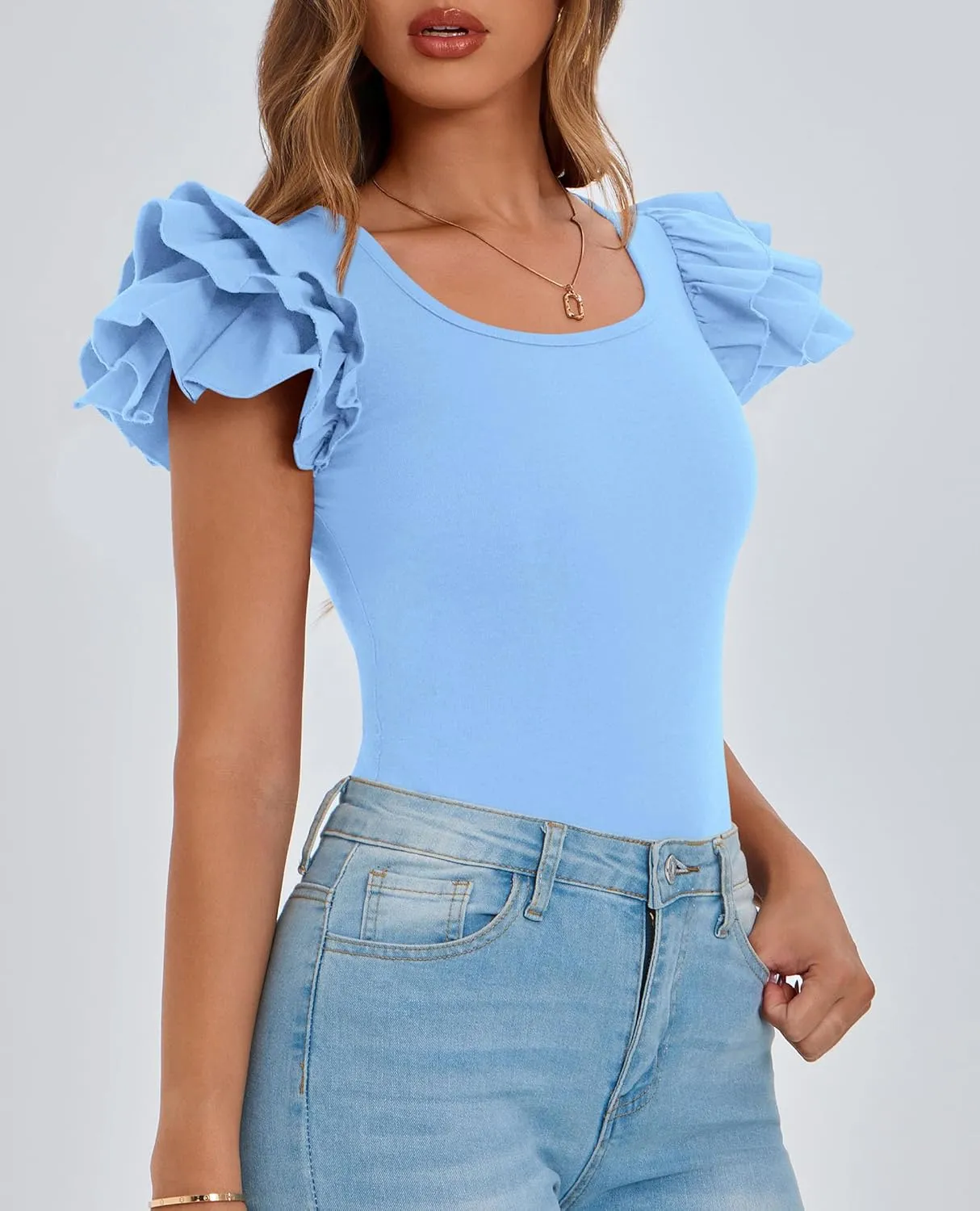 PRETTYGARDEN Women's Ruffle Short Sleeve Shirts 2025 Summer Casual Basic Tee Cute Fitted Crew Neck Fashion Tops Clothes