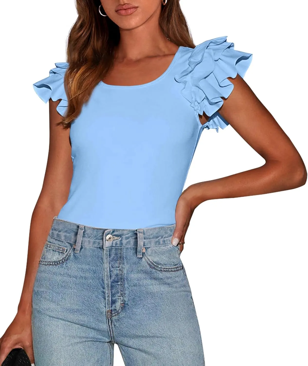 PRETTYGARDEN Women's Ruffle Short Sleeve Shirts 2025 Summer Casual Basic Tee Cute Fitted Crew Neck Fashion Tops Clothes