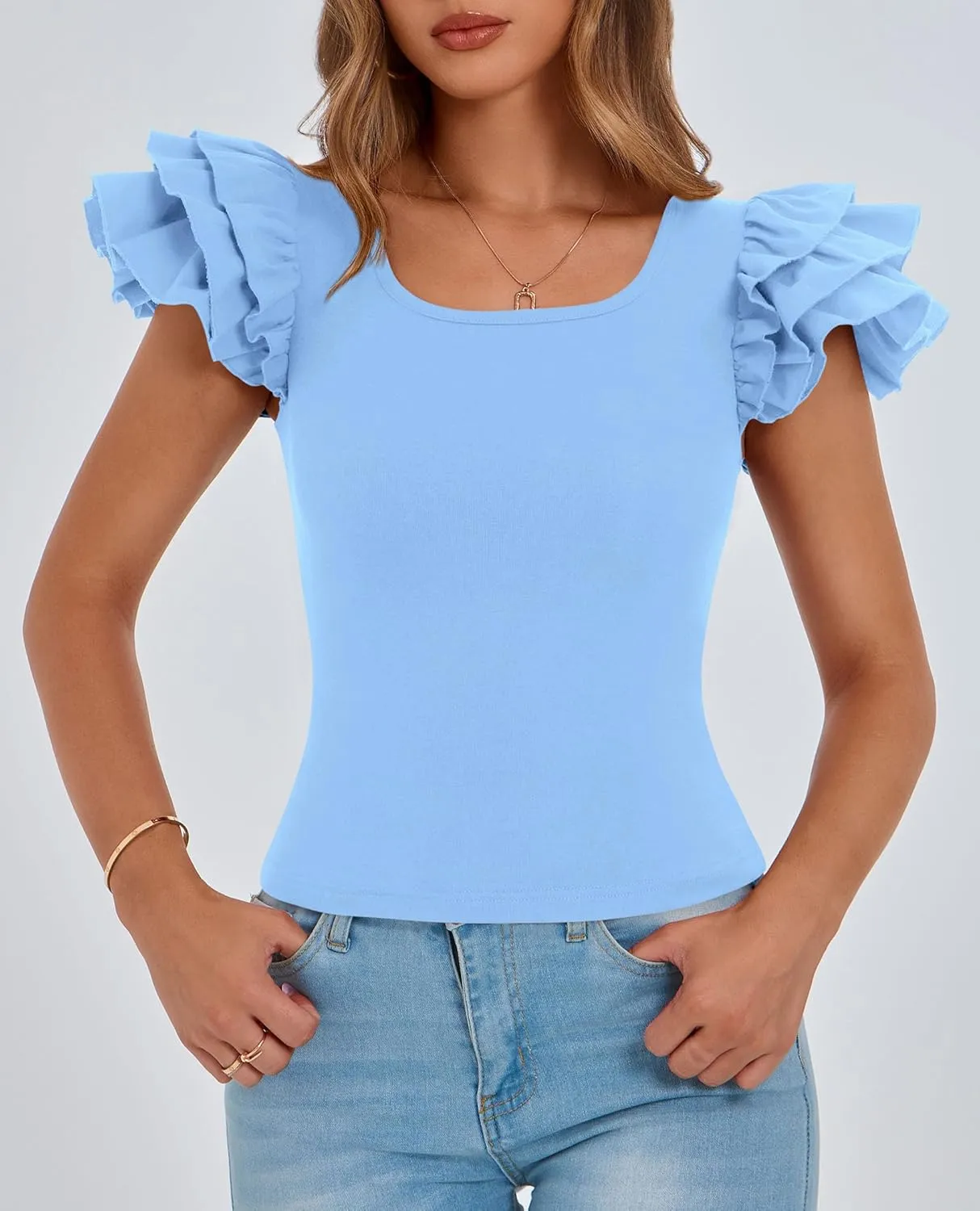 PRETTYGARDEN Women's Ruffle Short Sleeve Shirts 2025 Summer Casual Basic Tee Cute Fitted Crew Neck Fashion Tops Clothes