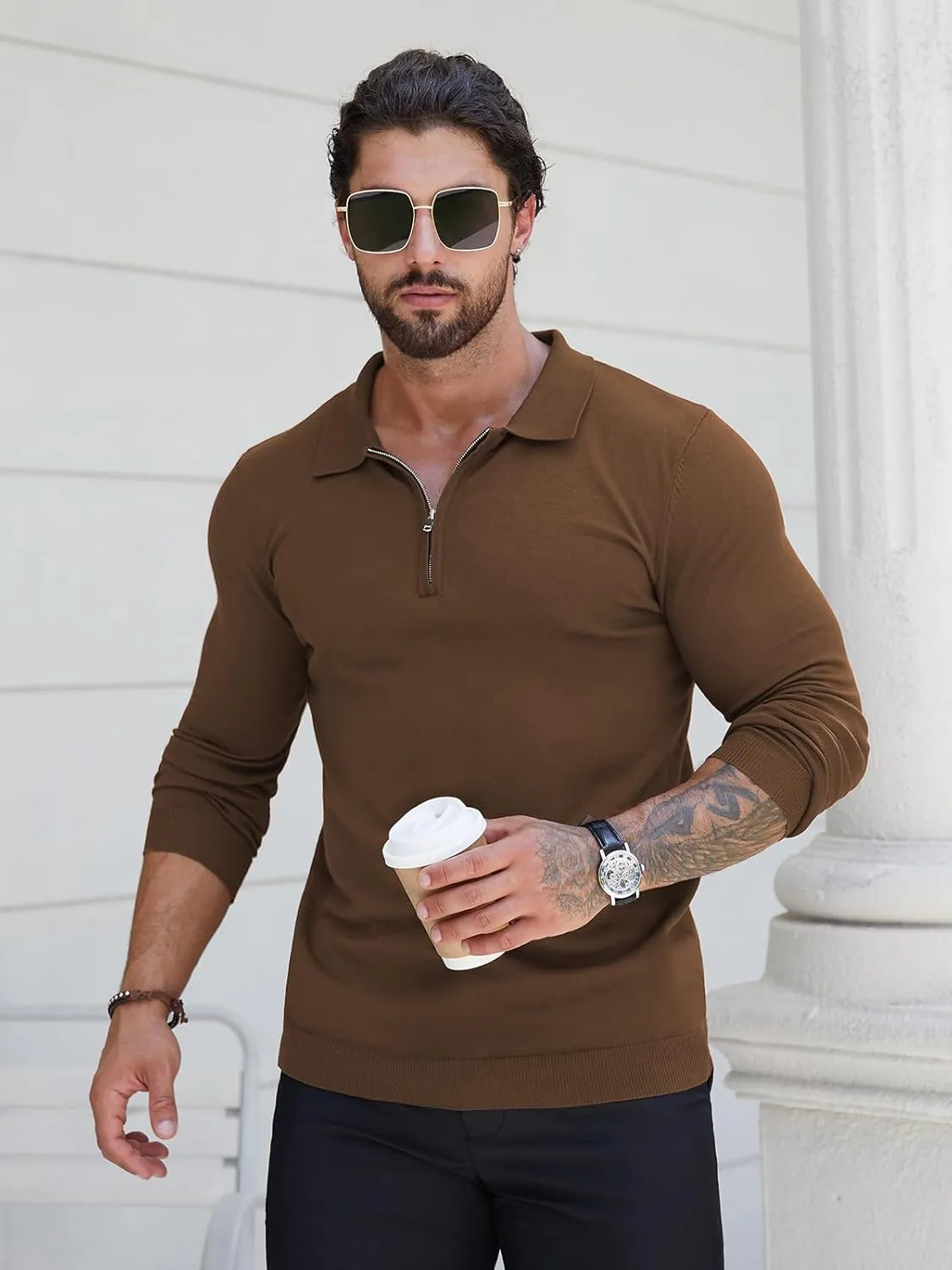 RQP Mens Zipper Polo Shirts Knit Casual Shirts Short/Long Sleeve,Stretch Slim Fit Golf Shirts,Soft Pullover