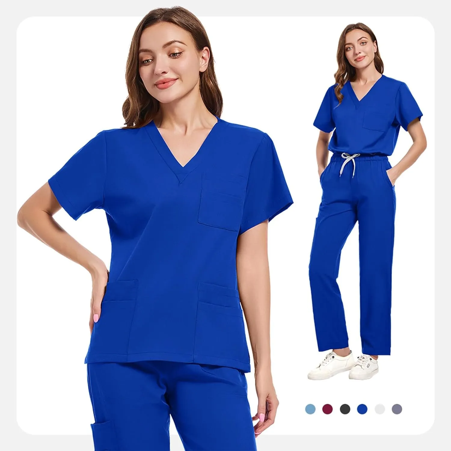 Scrubs Set for Women Nurse Uniform Jogger Suit Stretch Top & Pants with Multi Pocket for Nurse Esthetician Workwear