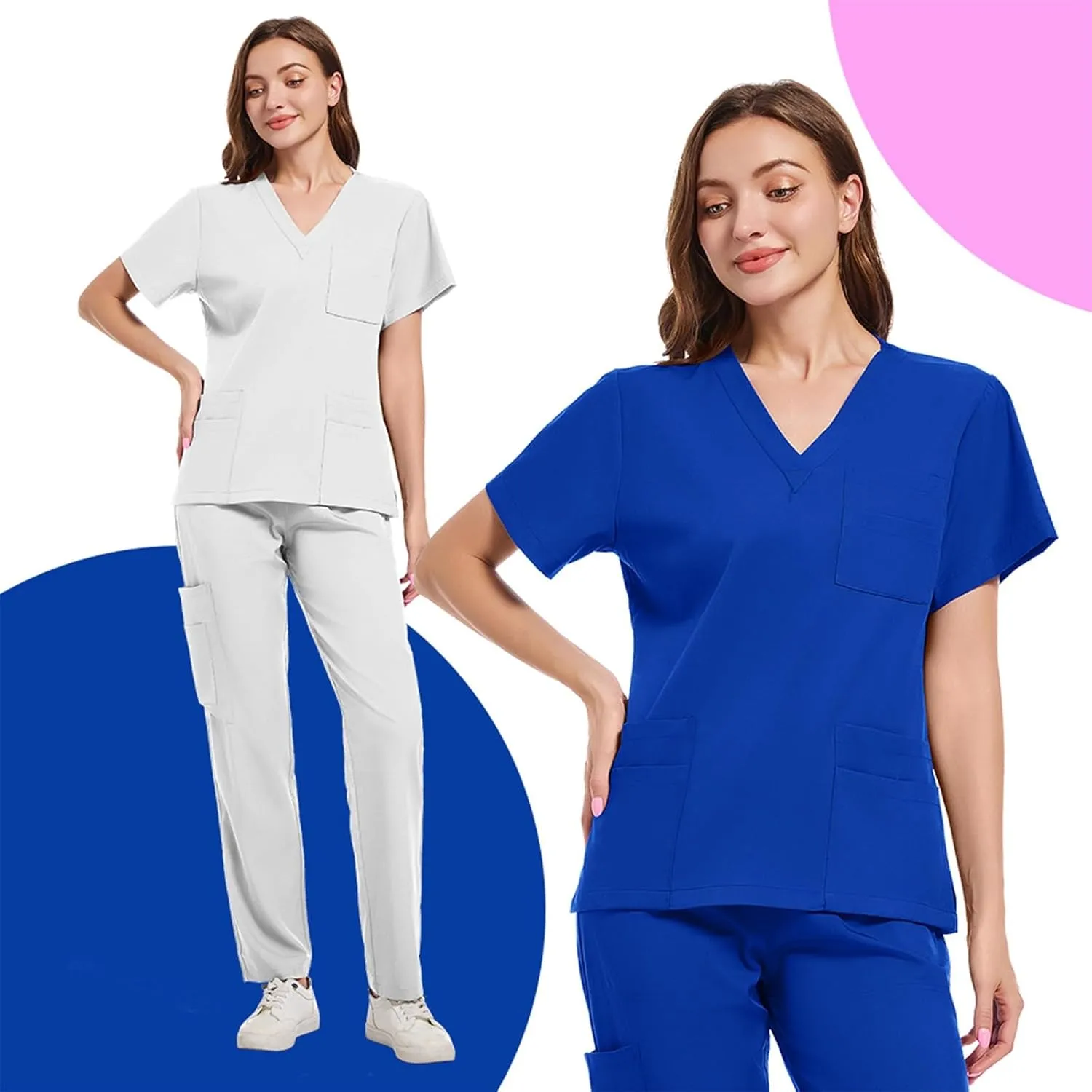 Scrubs Set for Women Nurse Uniform Jogger Suit Stretch Top & Pants with Multi Pocket for Nurse Esthetician Workwear