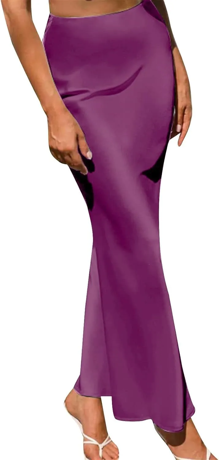 Skirts for Women Maxi Satin High Waisted Elastic Skirts Elegant Bodycon A-Line Solid Color Silk Skirt for Summer 2025