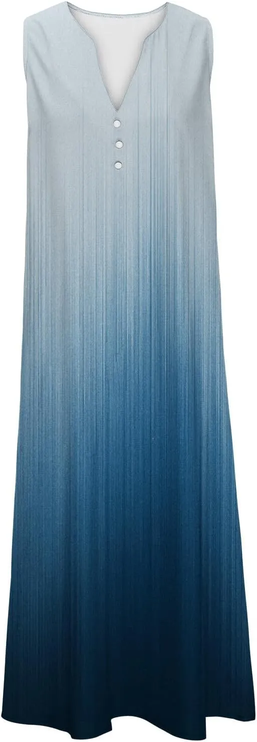 SMIDOW Womens Summer Casual Dress Fashion Floral Printed Elegant Sleeveless V-Neck Long Dress with Pockets