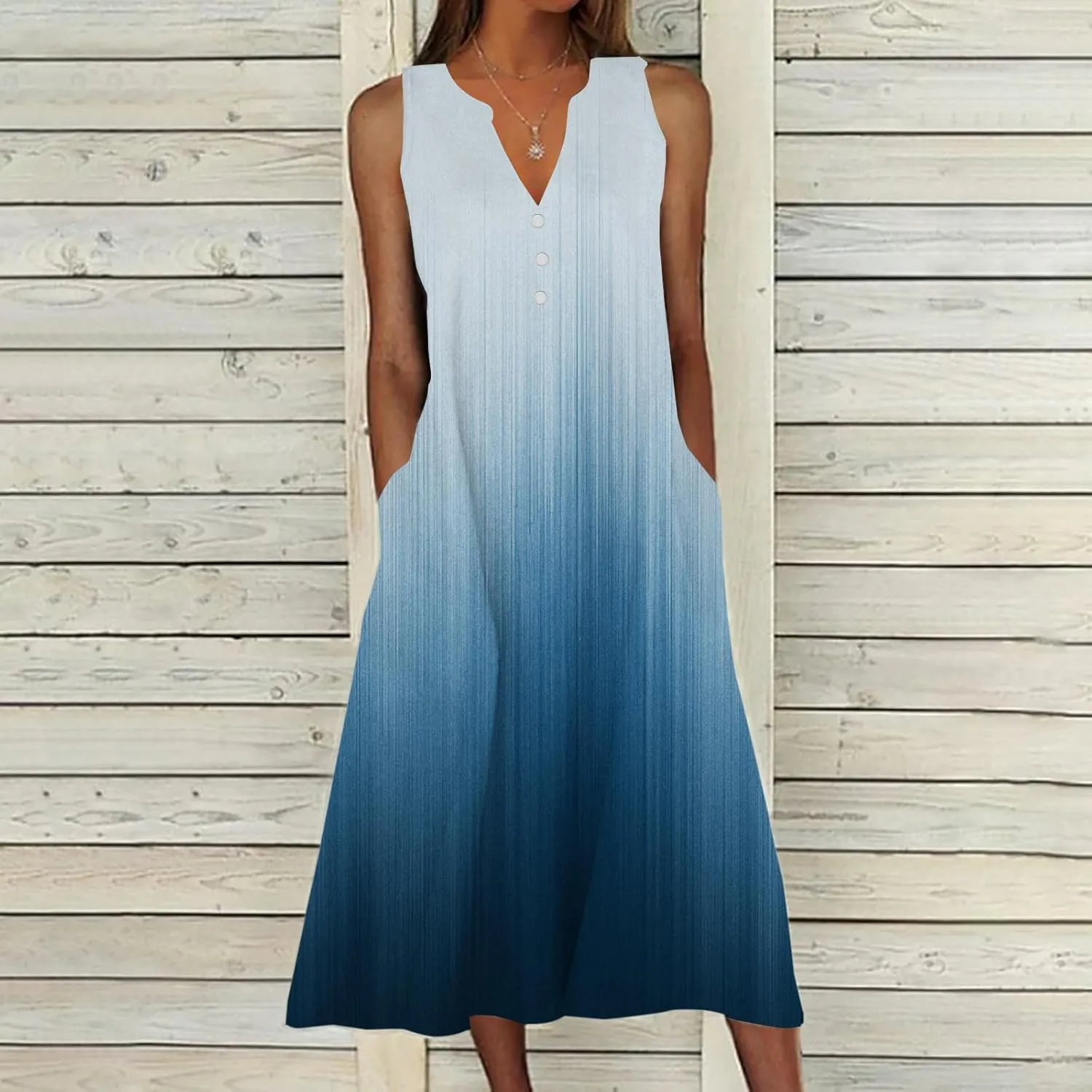 SMIDOW Womens Summer Casual Dress Fashion Floral Printed Elegant Sleeveless V-Neck Long Dress with Pockets