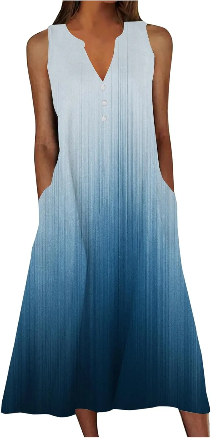 SMIDOW Womens Summer Casual Dress Fashion Floral Printed Elegant Sleeveless V-Neck Long Dress with Pockets