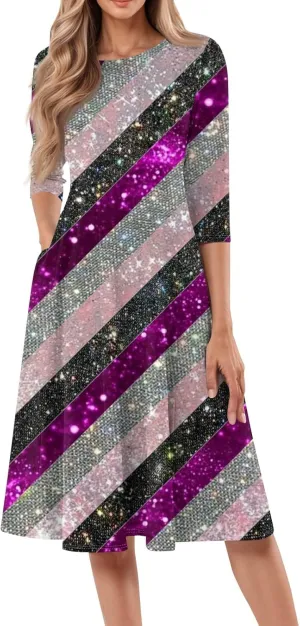 Spring Dresses for Women 2025 Elegant Boho Floral Sparkly Polka Dot Midi Sundresses Sexy 3/4 Sleeve A Line Vacation Dress