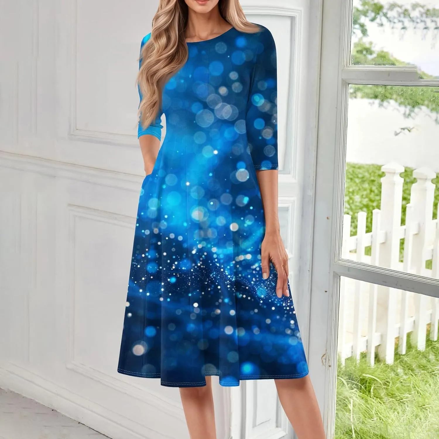 Spring Dresses for Women 2025 Elegant Boho Floral Sparkly Polka Dot Midi Sundresses Sexy 3/4 Sleeve A Line Vacation Dress