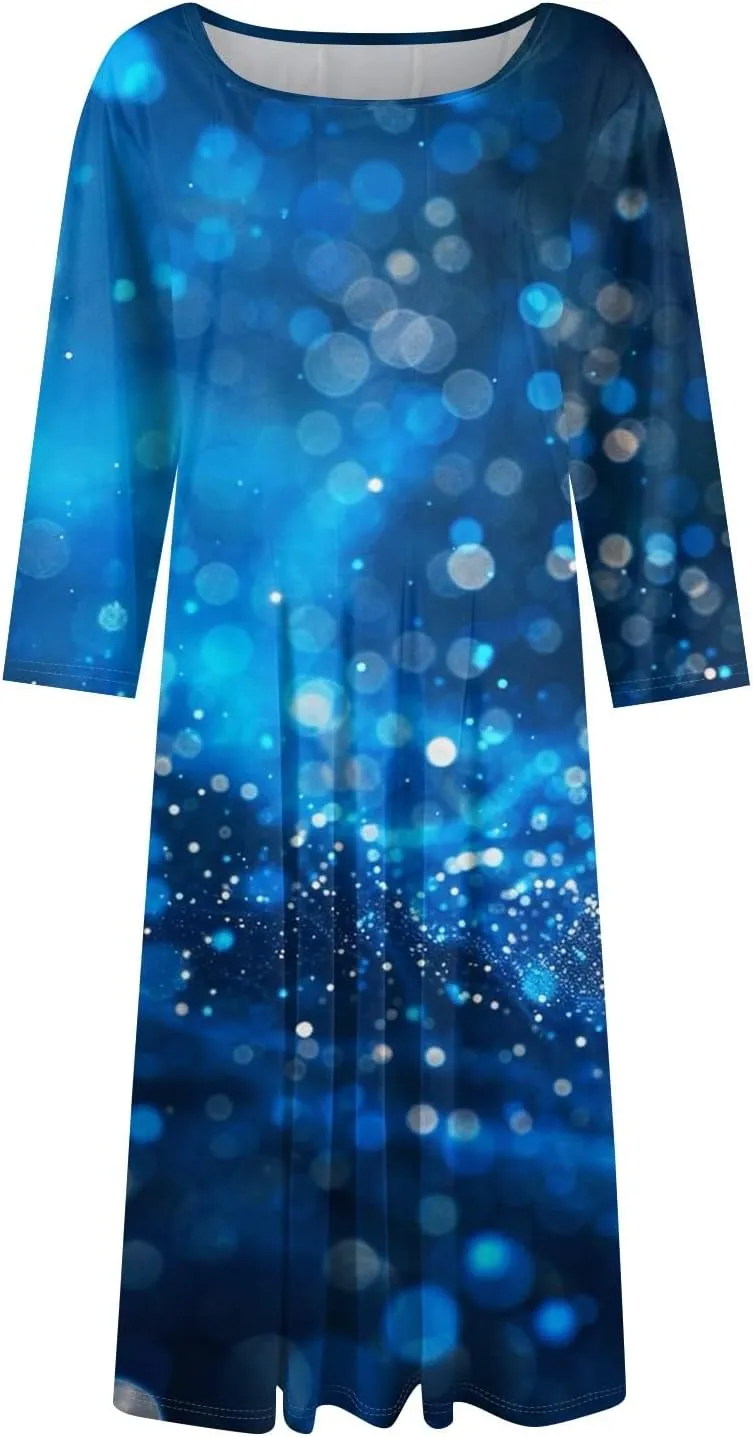 Spring Dresses for Women 2025 Elegant Boho Floral Sparkly Polka Dot Midi Sundresses Sexy 3/4 Sleeve A Line Vacation Dress