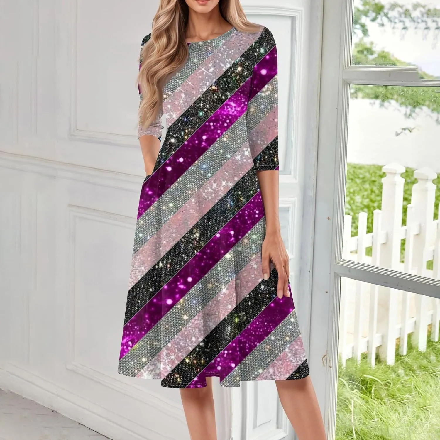 Spring Dresses for Women 2025 Elegant Boho Floral Sparkly Polka Dot Midi Sundresses Sexy 3/4 Sleeve A Line Vacation Dress