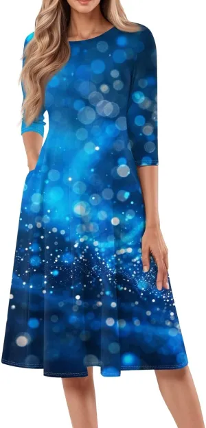 Spring Dresses for Women 2025 Elegant Boho Floral Sparkly Polka Dot Midi Sundresses Sexy 3/4 Sleeve A Line Vacation Dress
