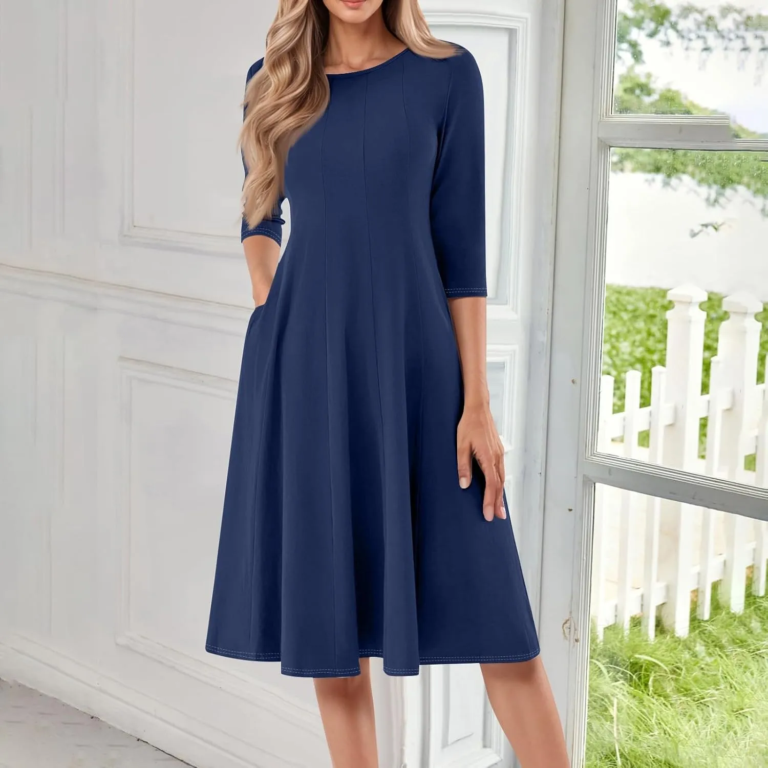 Summer Dresses for Women 2025,Casual Fashion Round Neck 3/4 Sleeve Multi Solid Color Printed A-Line Midi Dress