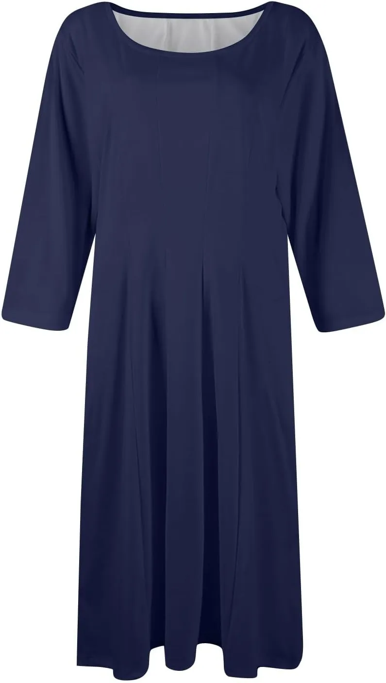 Summer Dresses for Women 2025,Casual Fashion Round Neck 3/4 Sleeve Multi Solid Color Printed A-Line Midi Dress