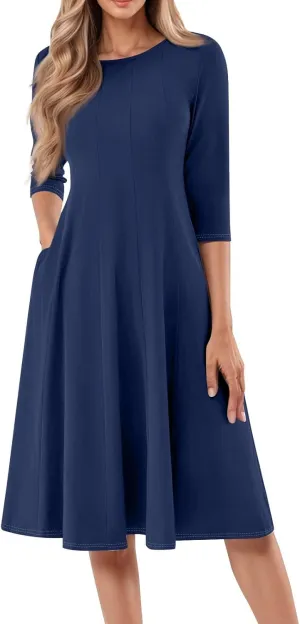 Summer Dresses for Women 2025,Casual Fashion Round Neck 3/4 Sleeve Multi Solid Color Printed A-Line Midi Dress
