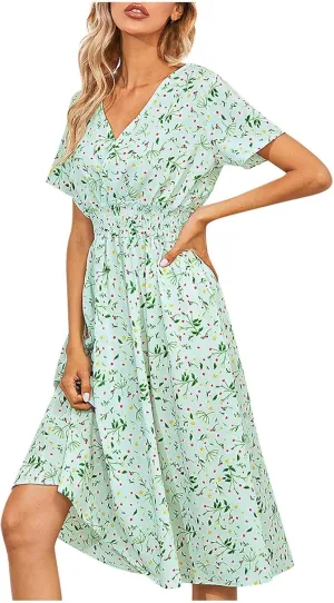 Summer Wrap Dresses for Women 2025 Floral V Neck Knee Length Short Sleeve Dress Hawaiian Boho Wedding Guest Dress