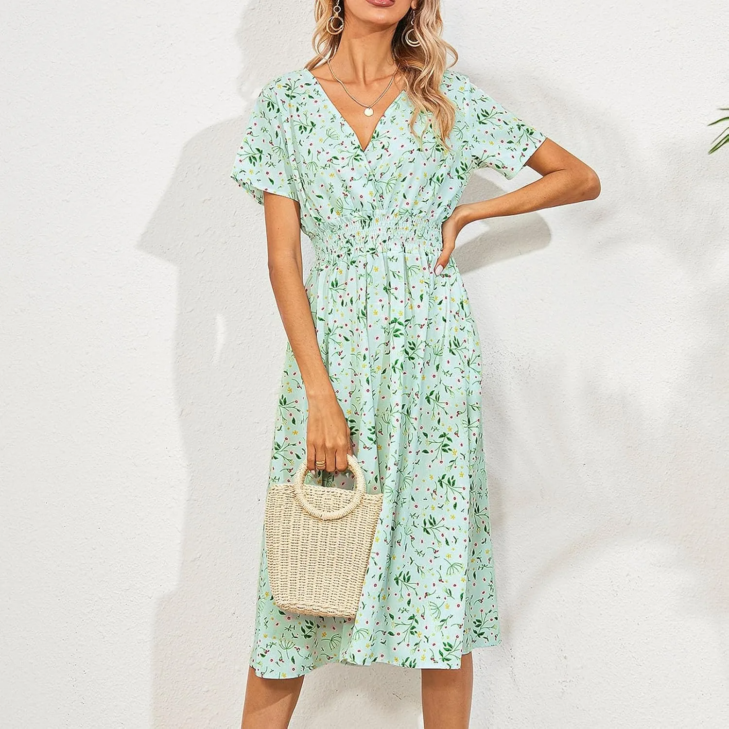 Summer Wrap Dresses for Women 2025 Floral V Neck Knee Length Short Sleeve Dress Hawaiian Boho Wedding Guest Dress