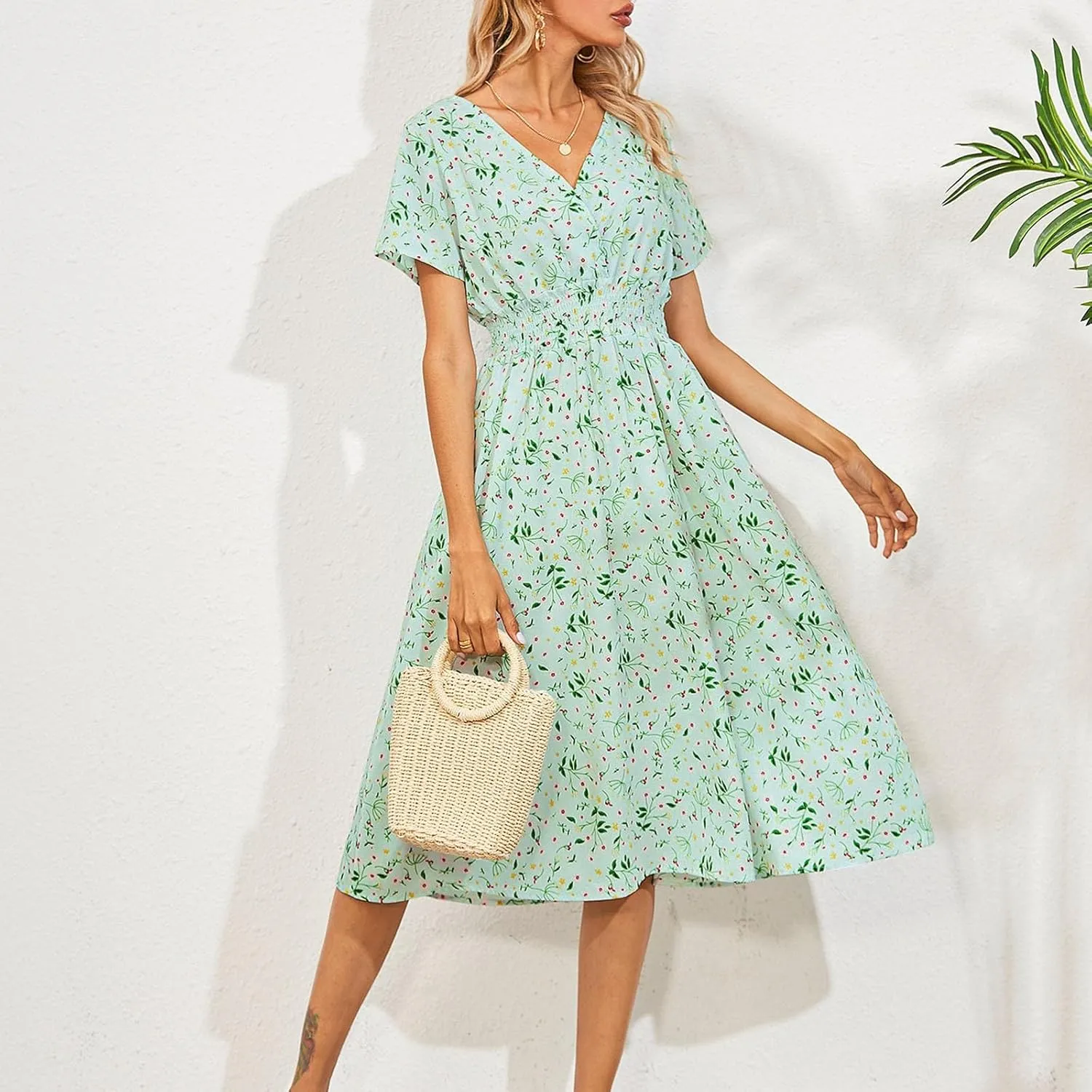 Summer Wrap Dresses for Women 2025 Floral V Neck Knee Length Short Sleeve Dress Hawaiian Boho Wedding Guest Dress