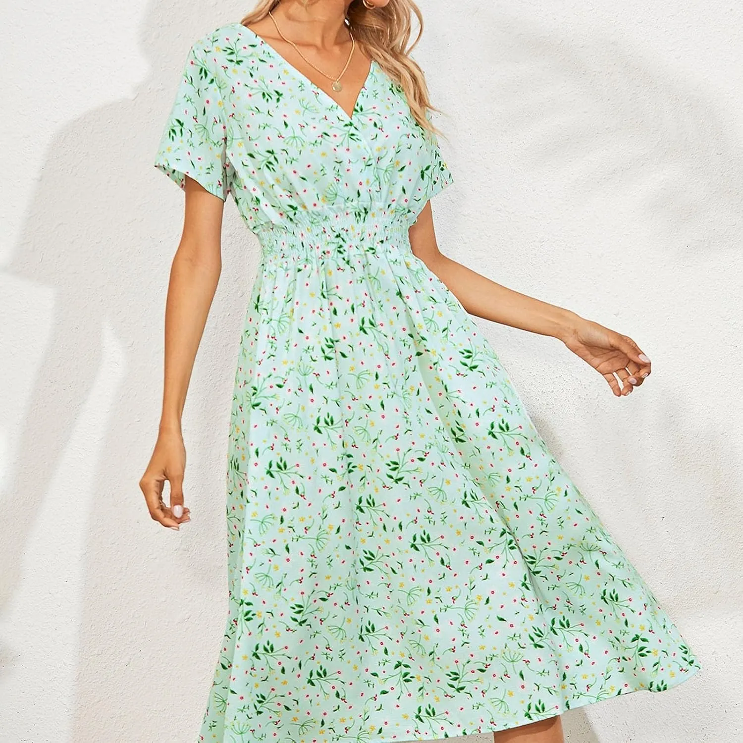 Summer Wrap Dresses for Women 2025 Floral V Neck Knee Length Short Sleeve Dress Hawaiian Boho Wedding Guest Dress