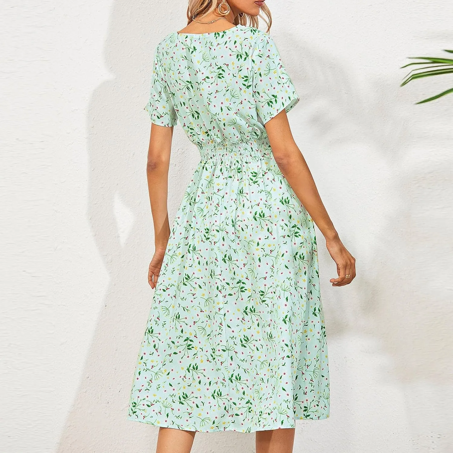 Summer Wrap Dresses for Women 2025 Floral V Neck Knee Length Short Sleeve Dress Hawaiian Boho Wedding Guest Dress