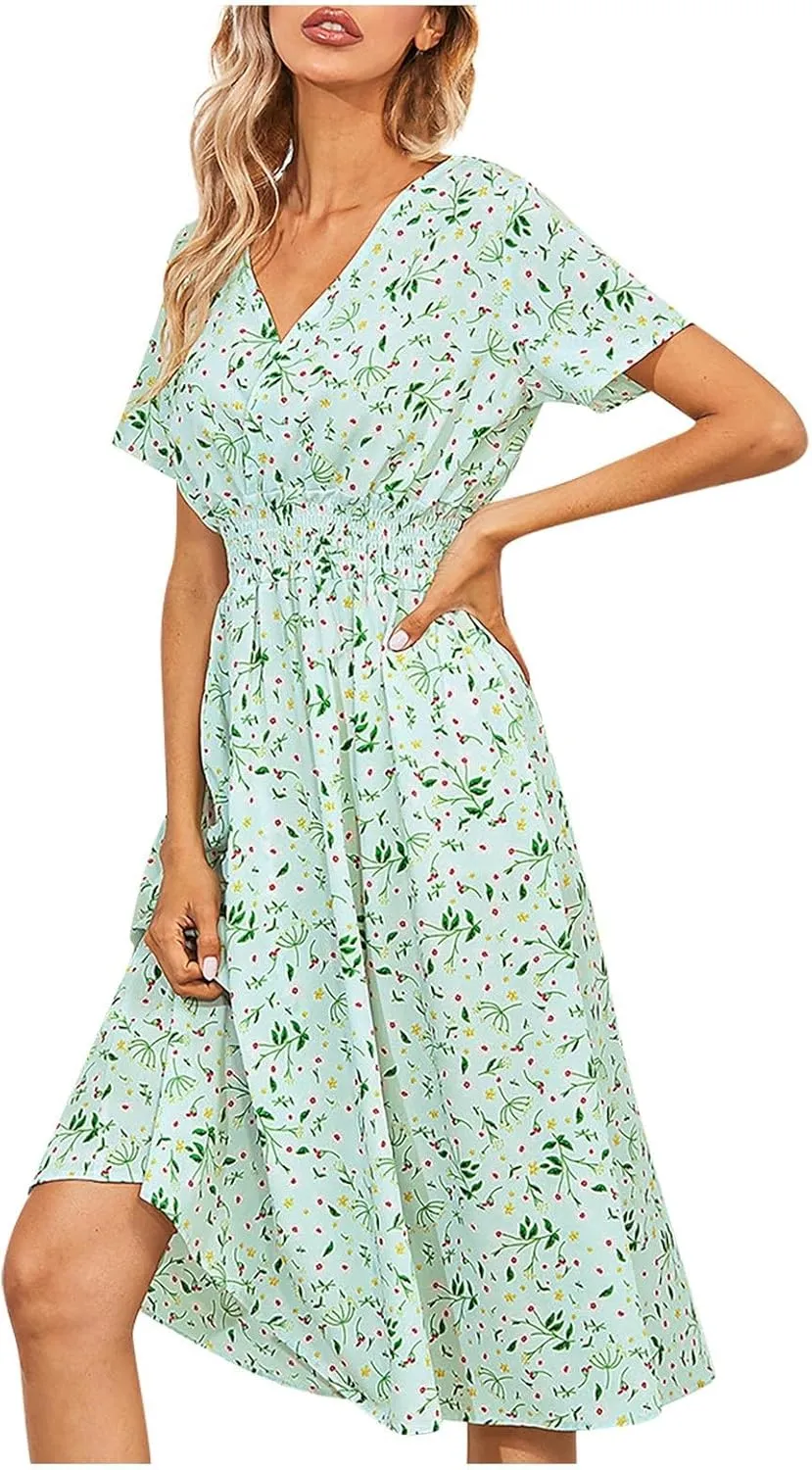 Summer Wrap Dresses for Women 2025 Floral V Neck Knee Length Short Sleeve Dress Hawaiian Boho Wedding Guest Dress