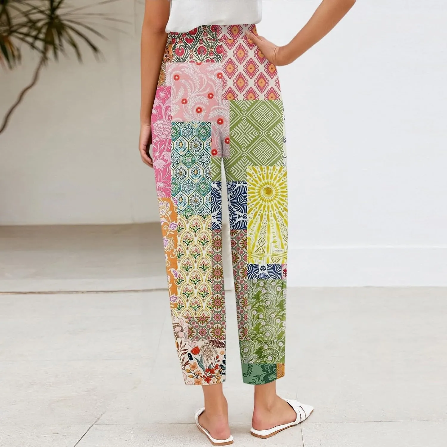 Wide Leg Linen Pants for Women Cropped Summer Palazzo Pant Casual Ankle Length Trousers Beach Vacation Outfits