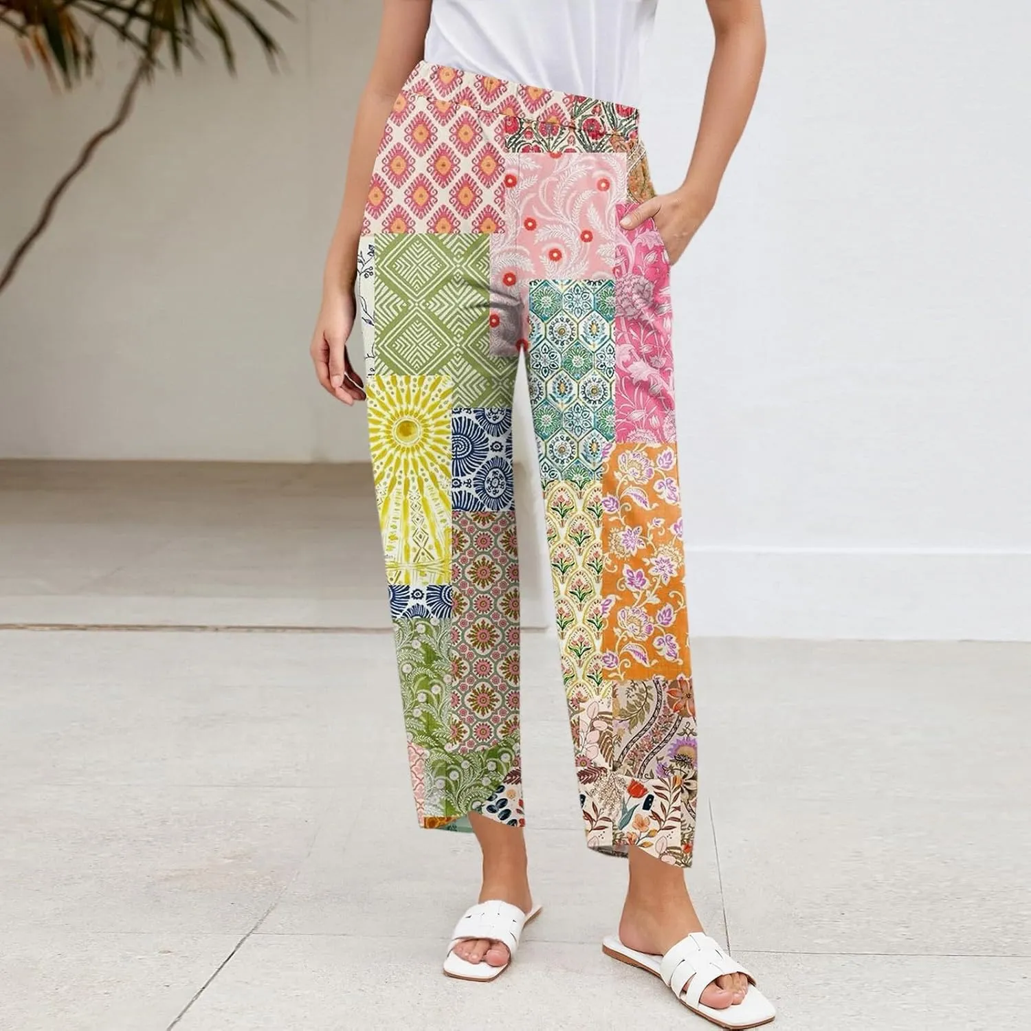 Wide Leg Linen Pants for Women Cropped Summer Palazzo Pant Casual Ankle Length Trousers Beach Vacation Outfits