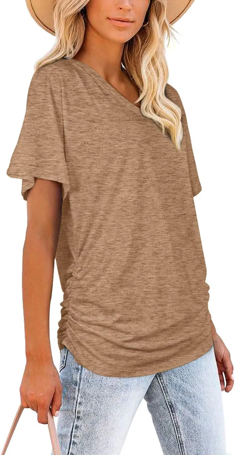WIHOLL Womens Short Sleeve V Neck Dolman Tops with Side Shirring Loose Fit Shirts