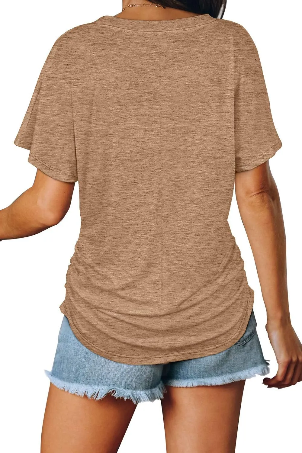 WIHOLL Womens Short Sleeve V Neck Dolman Tops with Side Shirring Loose Fit Shirts