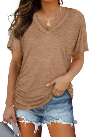 WIHOLL Womens Short Sleeve V Neck Dolman Tops with Side Shirring Loose Fit Shirts