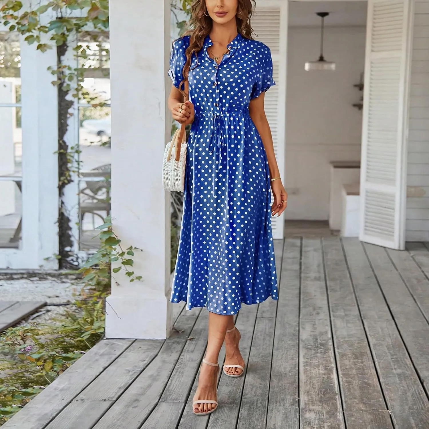 Women Button Front Drawstring High Waist Short Sleeve A Line Midi Dress Polka Dot Tie Waist Wrap Business Dress