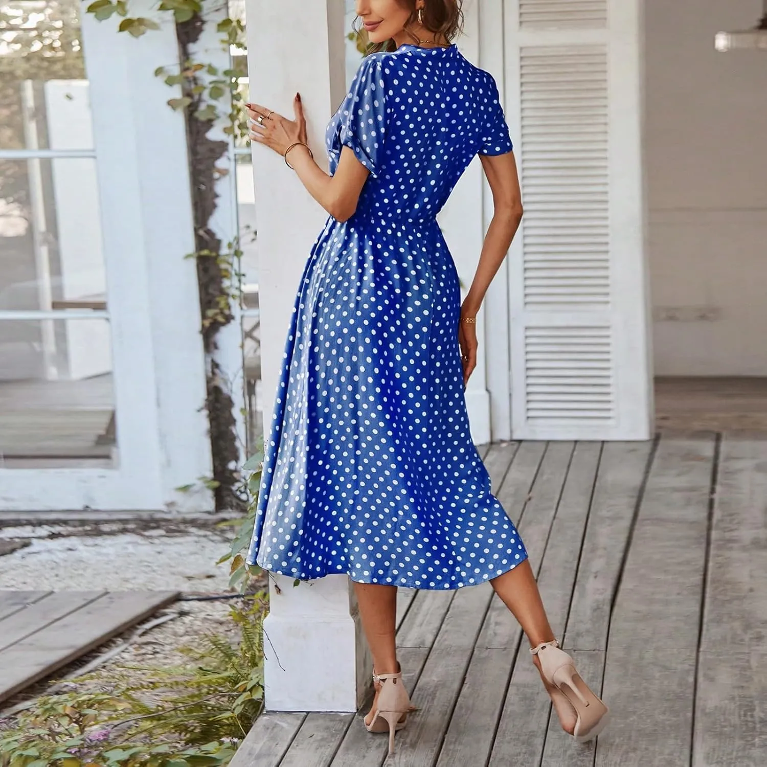 Women Button Front Drawstring High Waist Short Sleeve A Line Midi Dress Polka Dot Tie Waist Wrap Business Dress