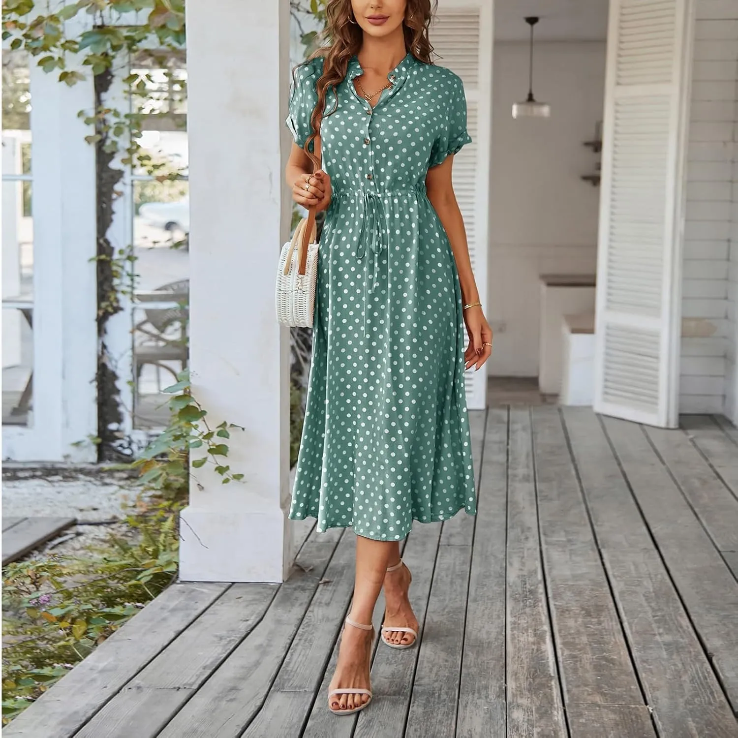 Women Button Front Drawstring High Waist Short Sleeve A Line Midi Dress Polka Dot Tie Waist Wrap Business Dress