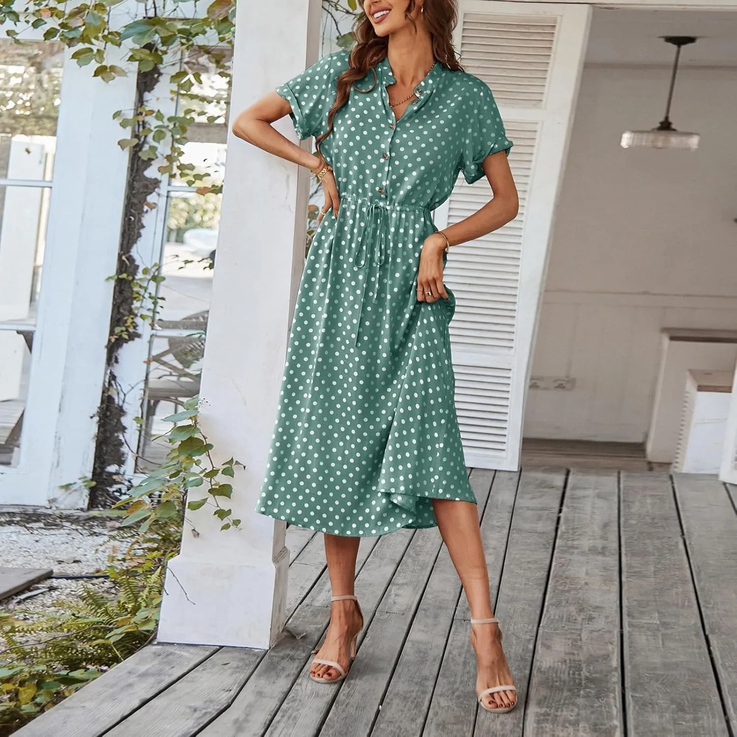 Women Button Front Drawstring High Waist Short Sleeve A Line Midi Dress Polka Dot Tie Waist Wrap Business Dress
