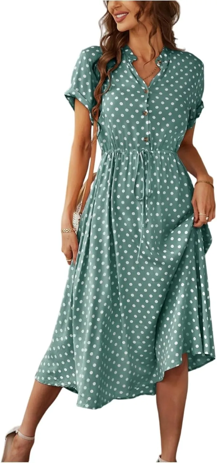 Women Button Front Drawstring High Waist Short Sleeve A Line Midi Dress Polka Dot Tie Waist Wrap Business Dress