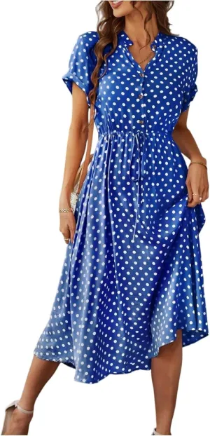 Women Button Front Drawstring High Waist Short Sleeve A Line Midi Dress Polka Dot Tie Waist Wrap Business Dress