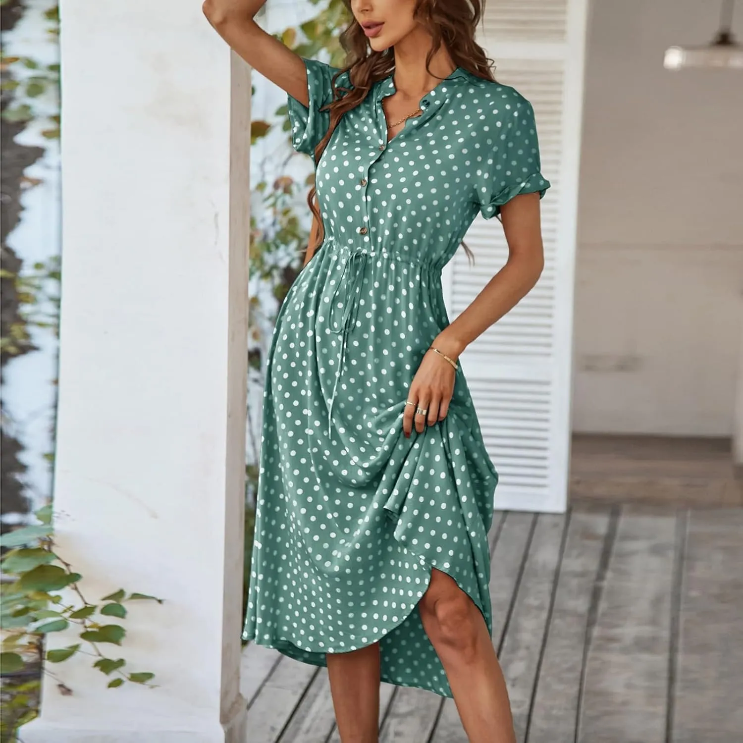 Women Button Front Drawstring High Waist Short Sleeve A Line Midi Dress Polka Dot Tie Waist Wrap Business Dress