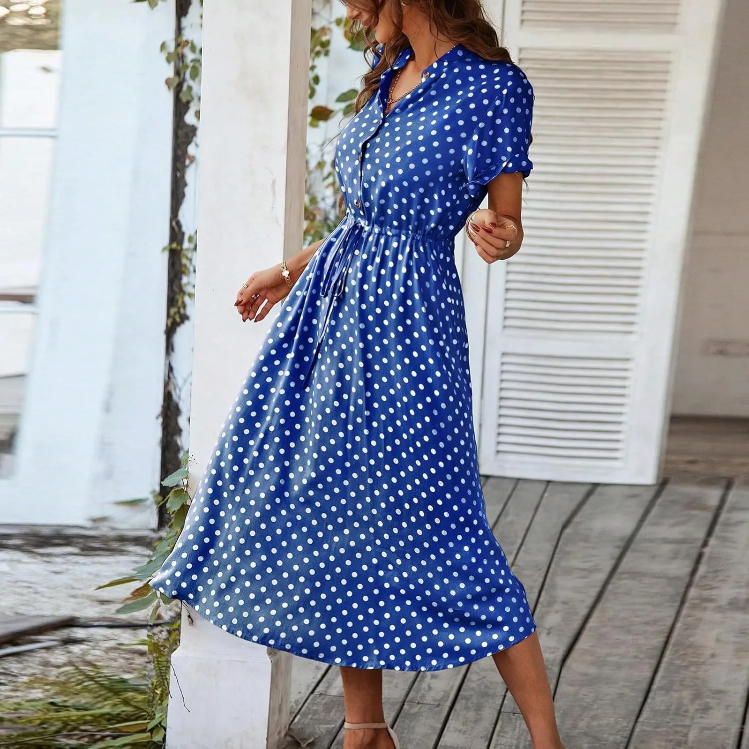 Women Button Front Drawstring High Waist Short Sleeve A Line Midi Dress Polka Dot Tie Waist Wrap Business Dress