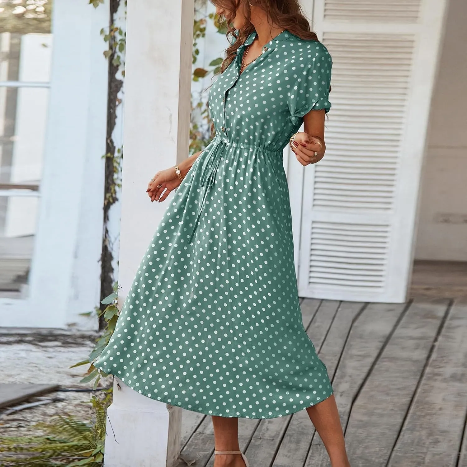 Women Button Front Drawstring High Waist Short Sleeve A Line Midi Dress Polka Dot Tie Waist Wrap Business Dress