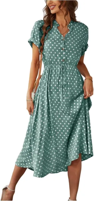 Women Button Front Drawstring High Waist Short Sleeve A Line Midi Dress Polka Dot Tie Waist Wrap Business Dress