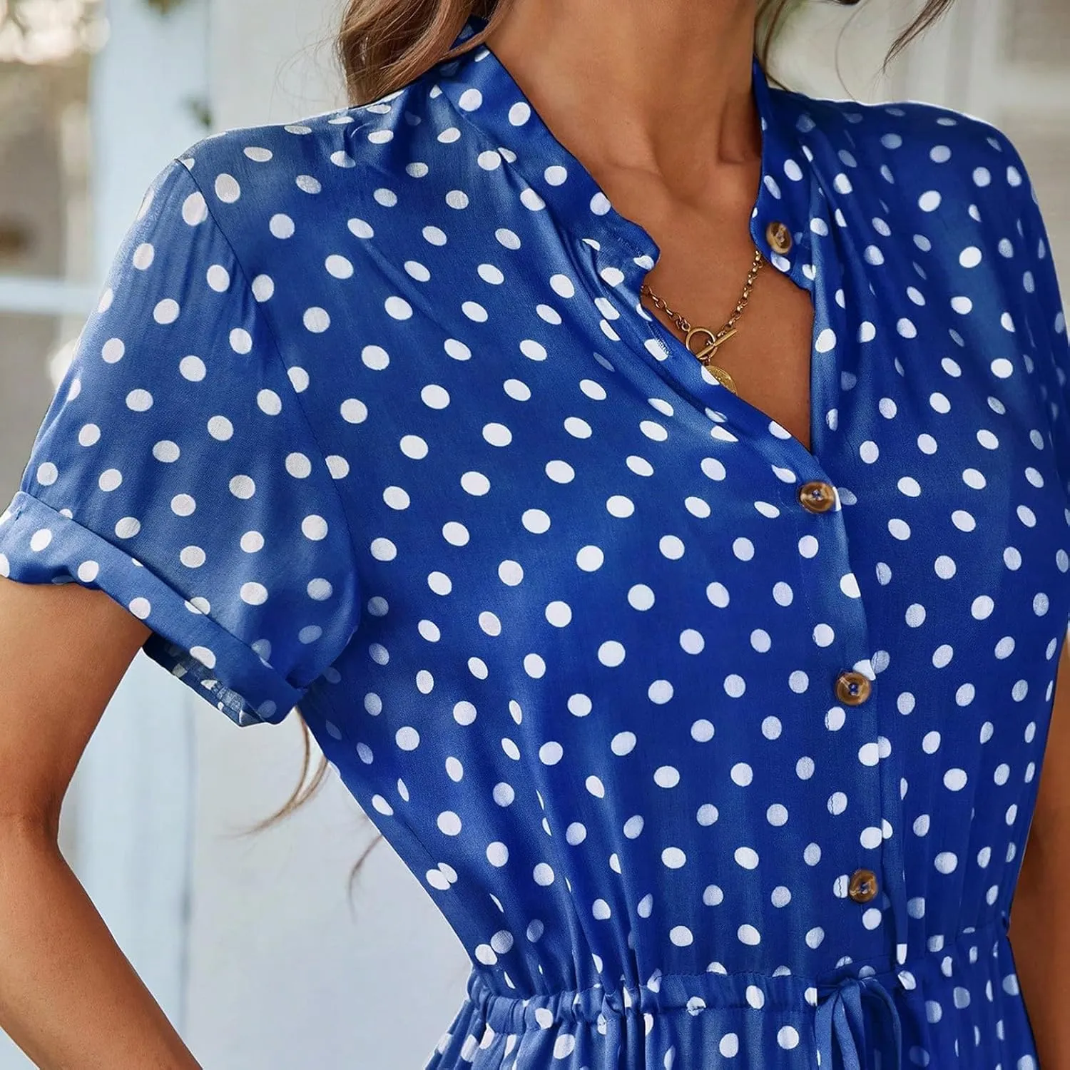 Women Button Front Drawstring High Waist Short Sleeve A Line Midi Dress Polka Dot Tie Waist Wrap Business Dress
