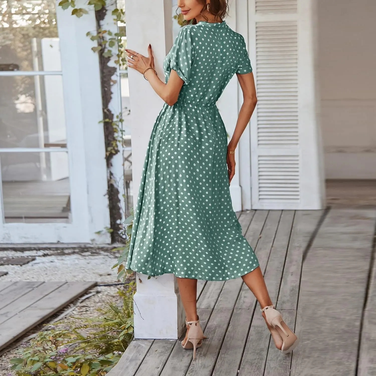 Women Button Front Drawstring High Waist Short Sleeve A Line Midi Dress Polka Dot Tie Waist Wrap Business Dress