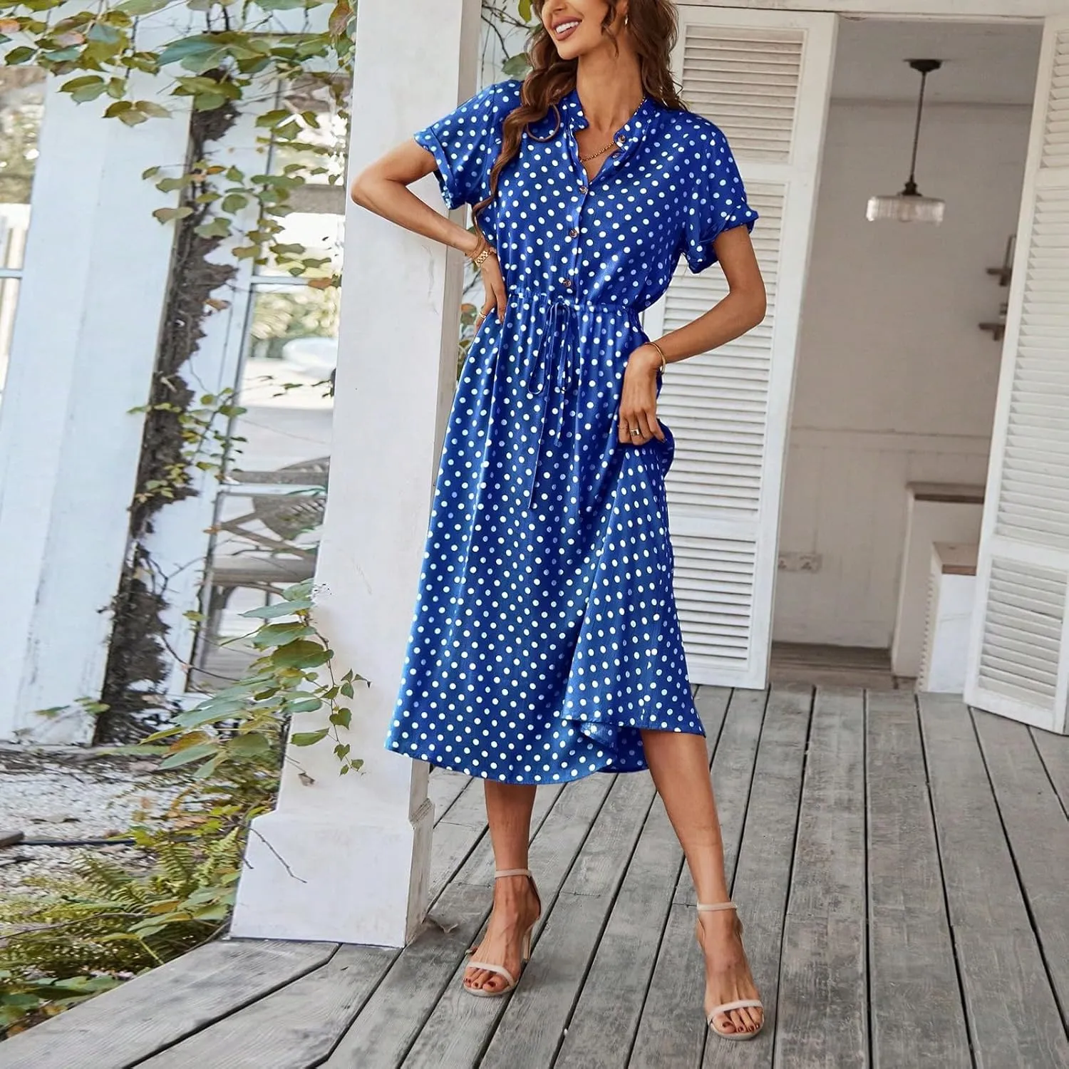 Women Button Front Drawstring High Waist Short Sleeve A Line Midi Dress Polka Dot Tie Waist Wrap Business Dress