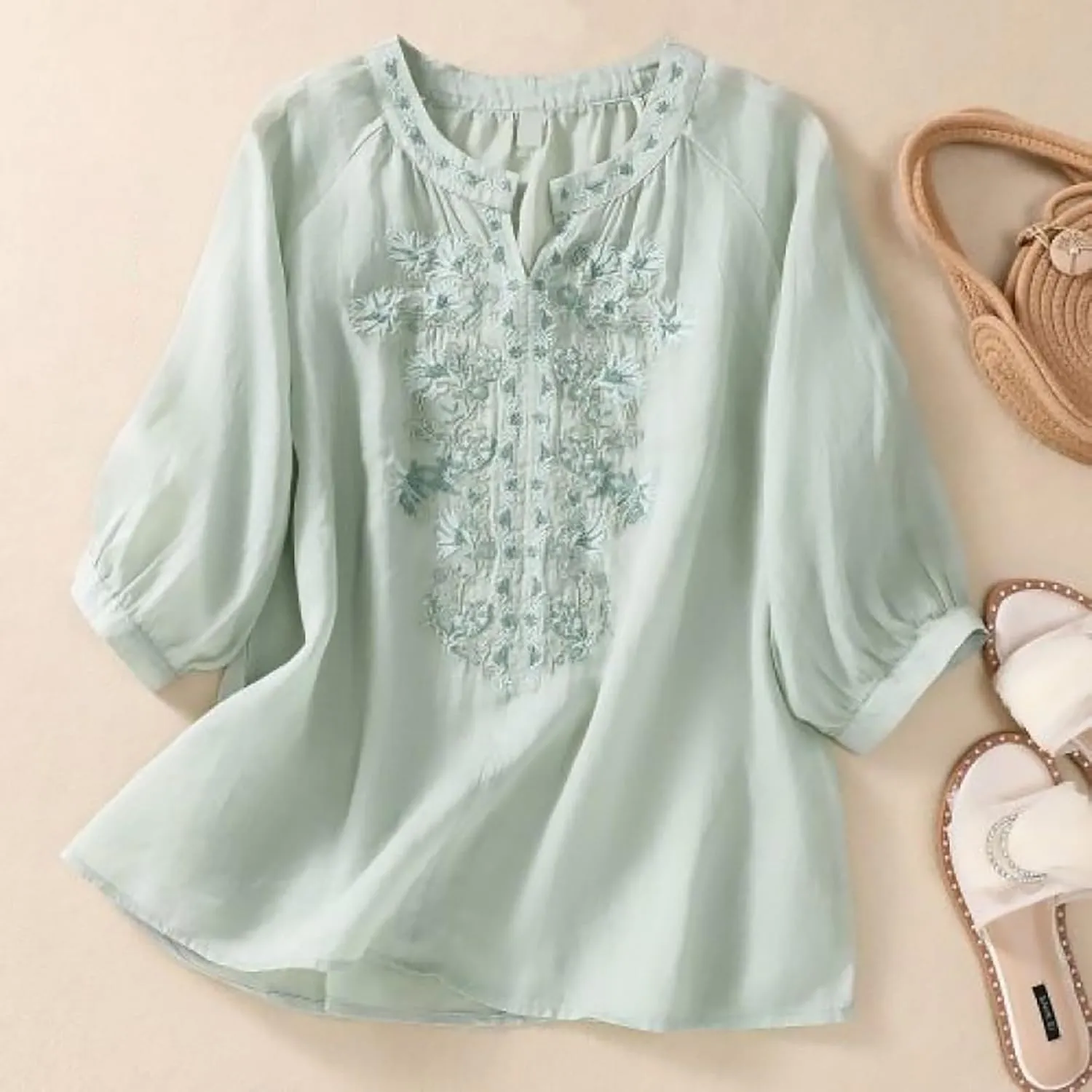 Women Cotton Linen Tops Vintage Floral Embroidered Gauze Shirts Summer Casual 3/4 Sleeve V Neck Baggy Boho Blouse