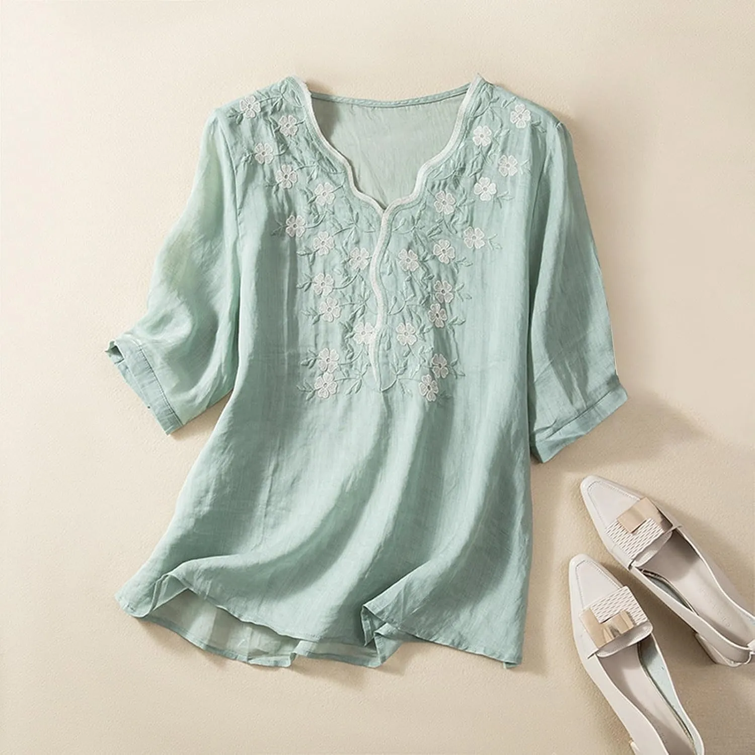 Women Cotton Linen Tops Vintage Floral Embroidered Gauze Shirts Summer Casual 3/4 Sleeve V Neck Baggy Boho Blouse