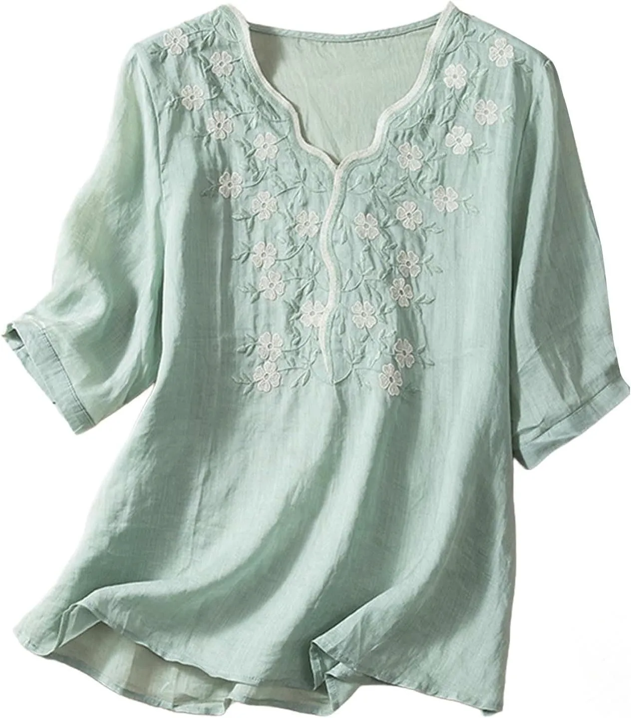 Women Cotton Linen Tops Vintage Floral Embroidered Gauze Shirts Summer Casual 3/4 Sleeve V Neck Baggy Boho Blouse