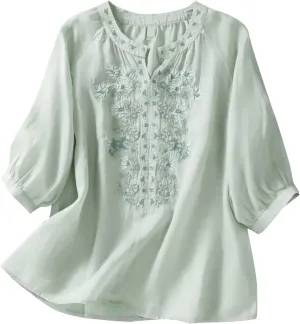 Women Cotton Linen Tops Vintage Floral Embroidered Gauze Shirts Summer Casual 3/4 Sleeve V Neck Baggy Boho Blouse