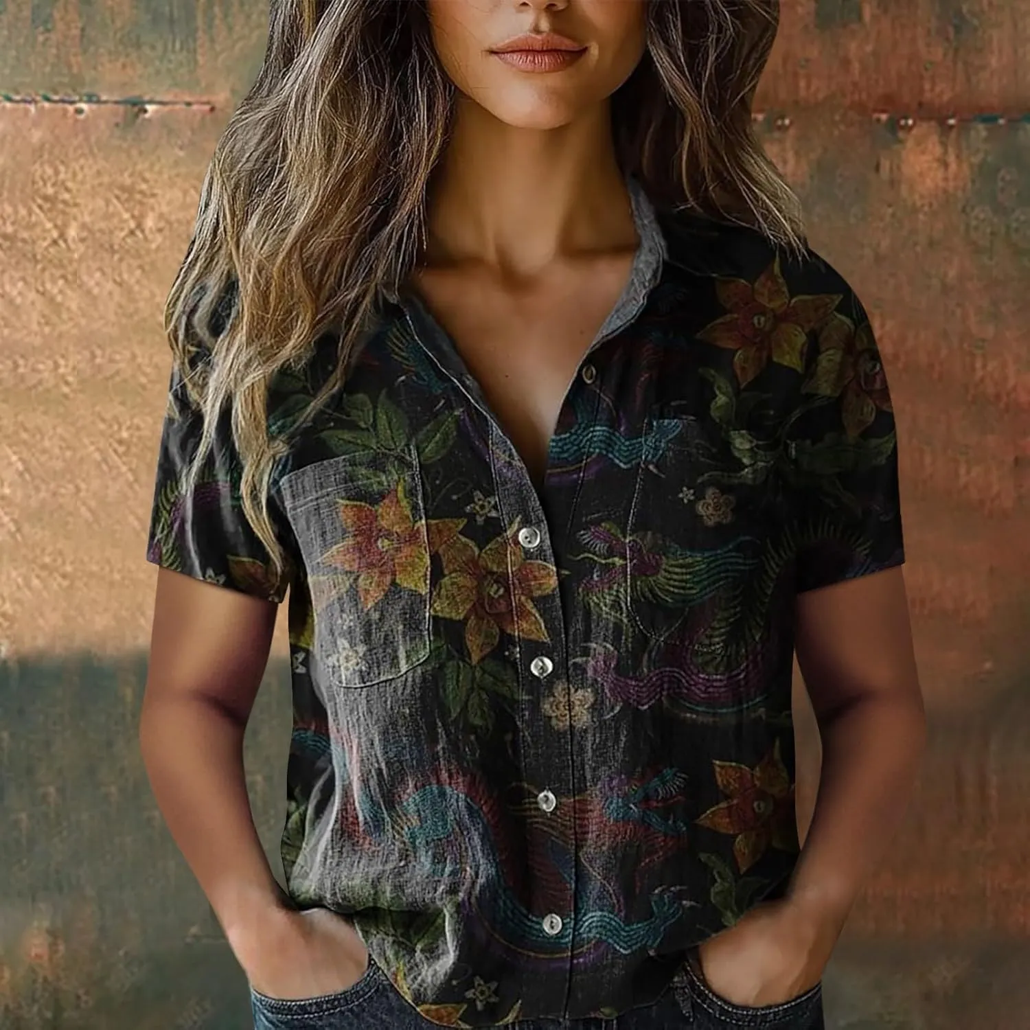 Women Linen Shirts Button Down Vintage Boho Paisley Print Breathable V Neck Collared Gauze Tops Fashion Lightweight 2025