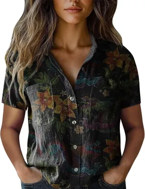 Women Linen Shirts Button Down Vintage Boho Paisley Print Breathable V Neck Collared Gauze Tops Fashion Lightweight 2025